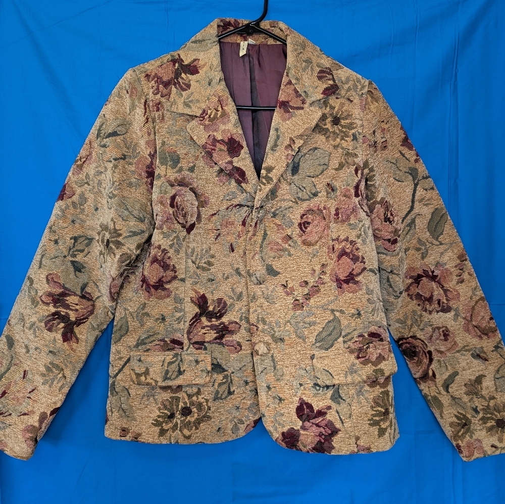 By JJ Vintage Floral Tapestry Blazer Jacket Large Lined Tan, Green And Maroon